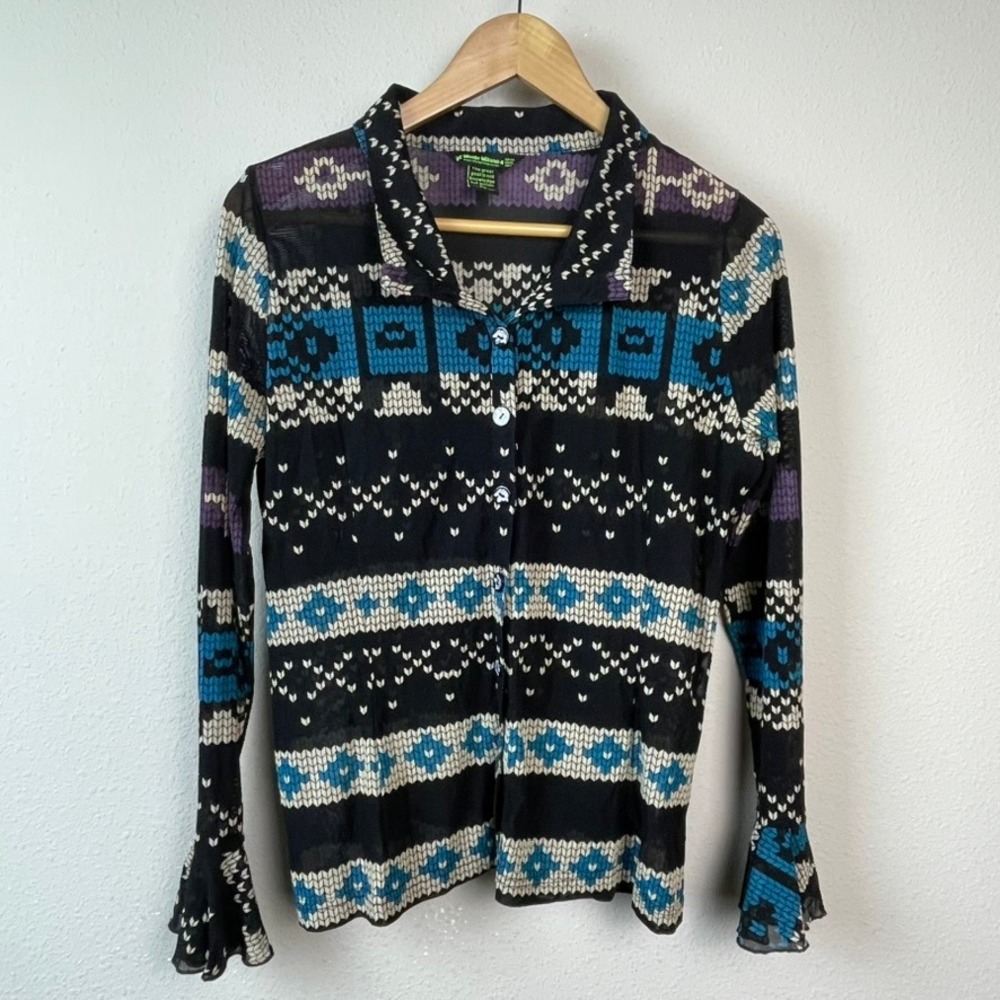 Monte Milano Mesh Top Womens XL Black Fair Isle Bell Sleeve‎ Indie Boho